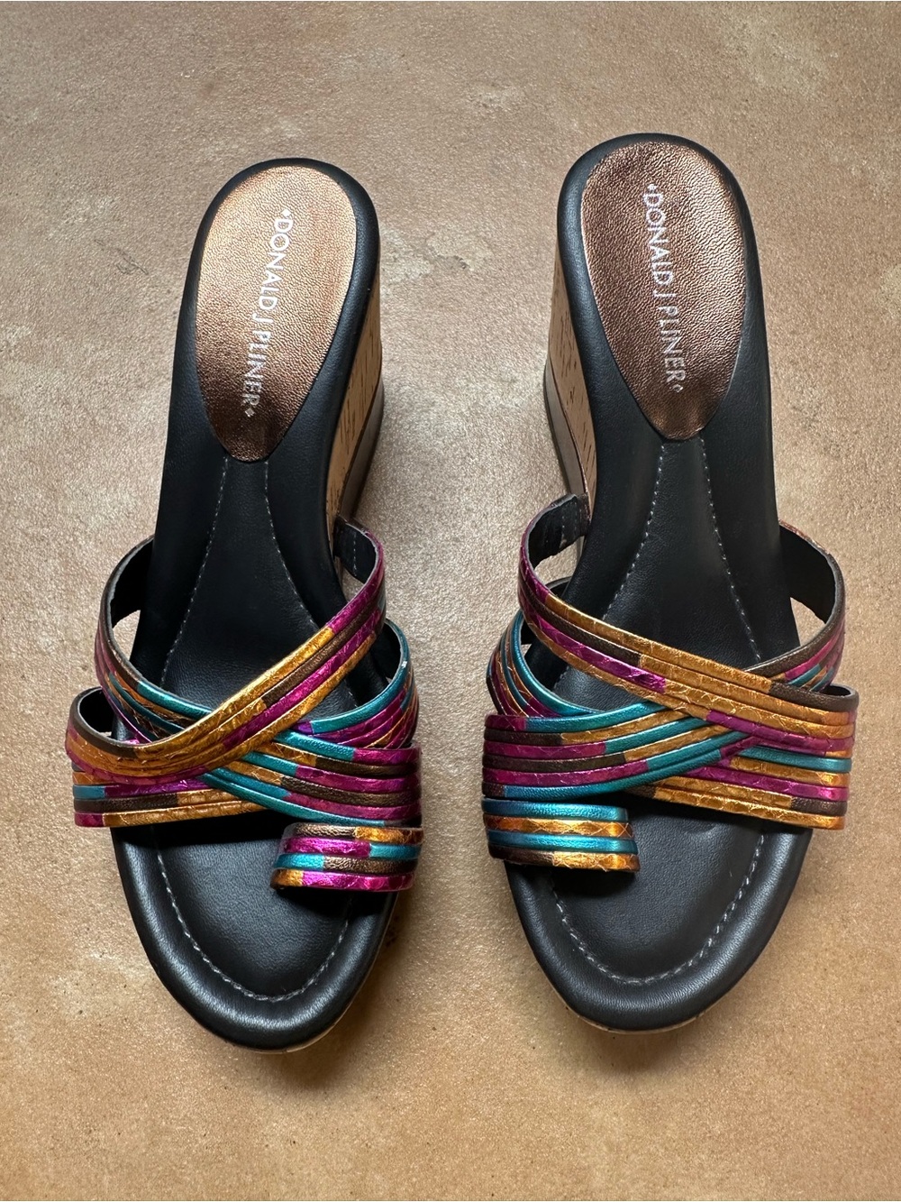 Donald J. Pliner “Lettie” Metallic Multi-Color Strappy Wedge Sandals, Size 7N